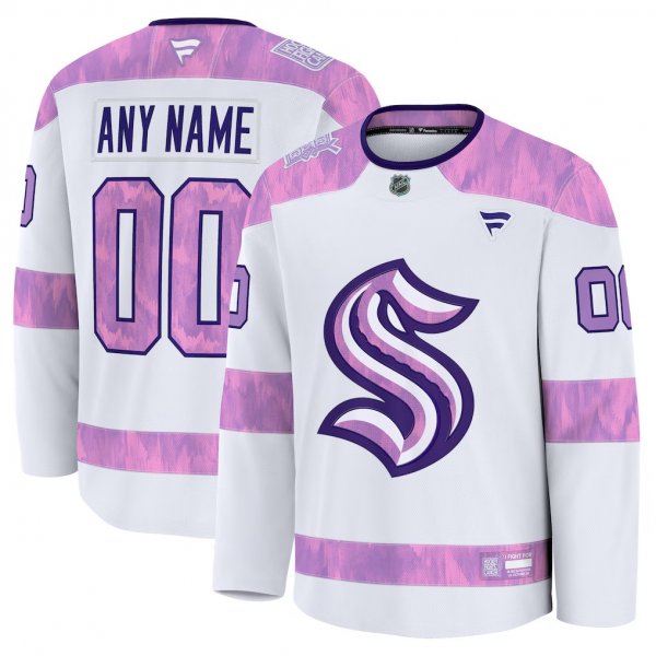 Men's Seattle Kraken Fanatics White 2024 Hockey Fights Cancer Custom Practice Jersey